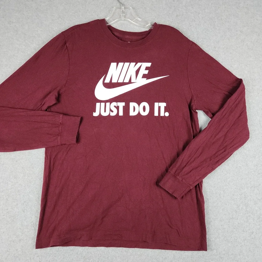 Nike T-Shirt‎ Mens Medium Maroon Spell Out Just Do It Long Sleeve Crew Neck Tee